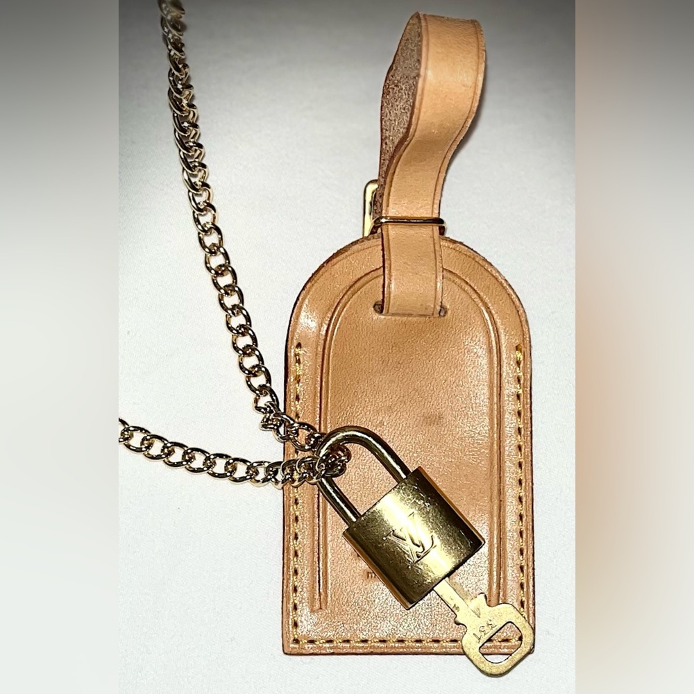 Louis Vuitton Tan Luggage Tag with Gold Lock and Chain